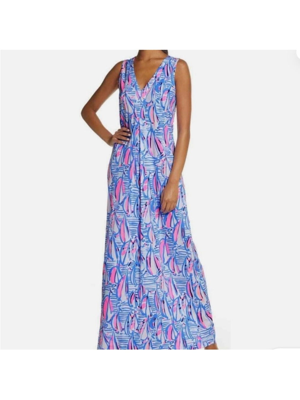 Lilly Pulitzer Blue & Pink Amina Sailboat Print V-Neck Maxi Dress